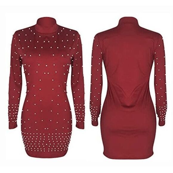 ❤️ Pearls Embellished Nightclub Bodycon Christmas Party Red Dress XL, XXL NEW - Picture 7 of 16